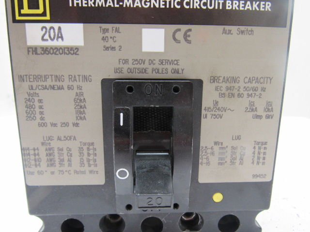 Square D FHL360201352 20A 600V Thermal Magnetic Circuit Breaker W/Aux Contacts