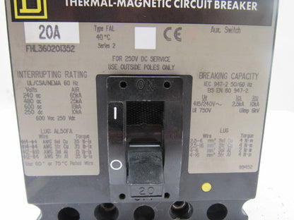 Square D FHL360201352 20A 600V Thermal Magnetic Circuit Breaker W/Aux Contacts