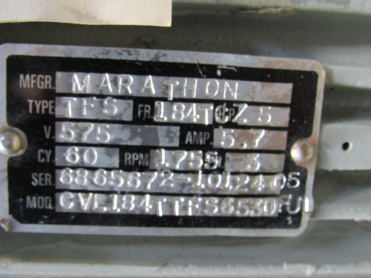 Marathon TFS 5Hp 575V 1750RPM 60Hz Vibra Screw Gyrator Motor On Base