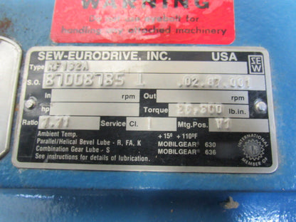 Sew Eurodrive RF132A 7.71:1 Helical Gear Speed Reducer Spline Gear 28K In-Lb