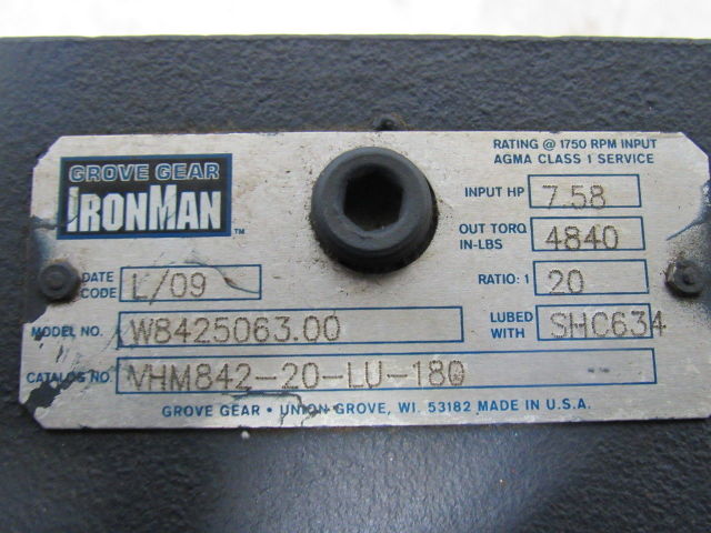 Grove Gear W8425063.00 20:1 7.5Hp 842 RPM Output Right Angle Gear Reducer 4840#