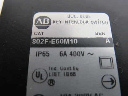 A-B Allen Bradley  802F-E60M10 10A 300VAC Mechanical Keyed Safety Interlock