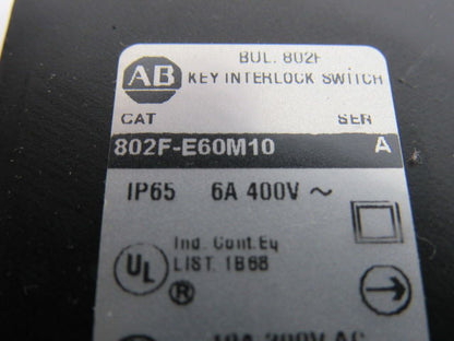 A-B Allen Bradley  802F-E60M10 10A 300VAC Mechanical Keyed Safety Interlock