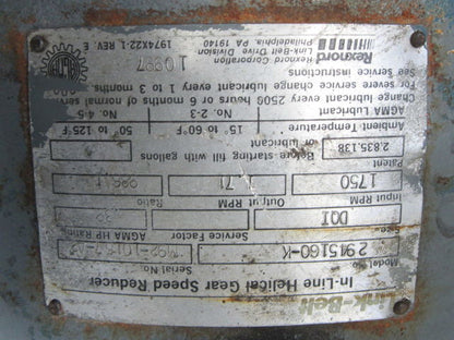 Rexnord Link-Belt 2945160-K 986:1  1.71RPM Output Inline Helical Gear Reducer