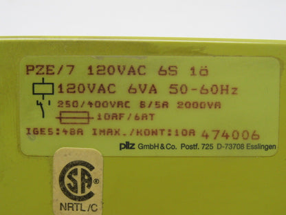 Pilz PZE/7 120VAC 6S 18 Safety Relay Module 120V
