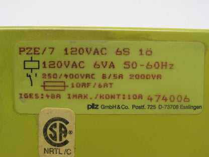 Pilz PZE/7 120VAC 6S 18 Safety Relay Module 120V