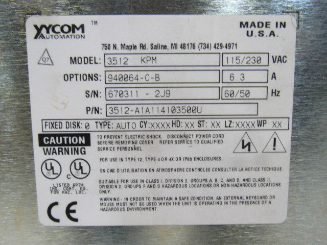 Xycom Automation 3512-A1A114103500U Model 3512 KPM Operator Interface Panel