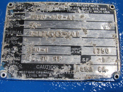 Cone Drive U050-100-A1 Right Angle Gear box Speed reducer 150: 1 Ratio 12.90Hp