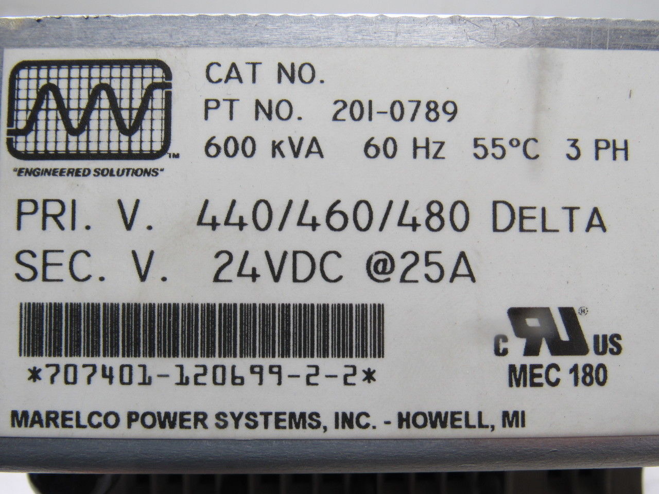 Marelco 201-0789 440-480V Pri 24VDC Sec 600kVA 60Hz Transformer Rectifier