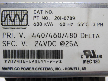 Marelco 201-0789 440-480V Pri 24VDC Sec 600kVA 60Hz Transformer Rectifier