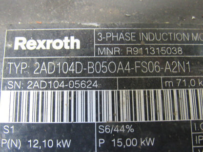 Rexroth Indramat 2AD104D-B05OA4-FS06-A2N1 Induction AC Servo Motor 3Ph