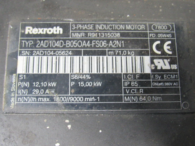 Rexroth Indramat 2AD104D-B05OA4-FS06-A2N1 Induction AC Servo Motor 3Ph