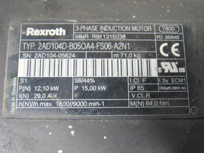 Rexroth Indramat 2AD104D-B05OA4-FS06-A2N1 Induction AC Servo Motor 3Ph