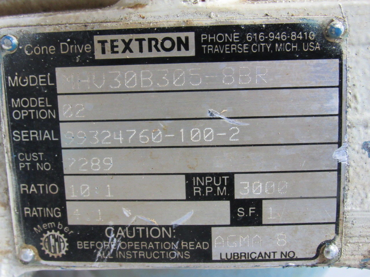 Cone Drive Textron MHV30B305.8BR Gear Box Speed Reducer 10:1 Ratio