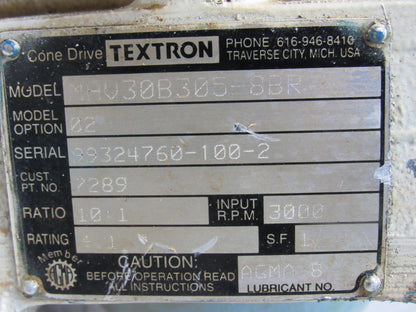 Cone Drive Textron MHV30B305.8BR Gear Box Speed Reducer 10:1 Ratio