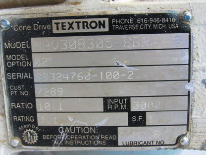 Cone Drive Textron MHV30B305.8BR Gear Box Speed Reducer 10:1 Ratio