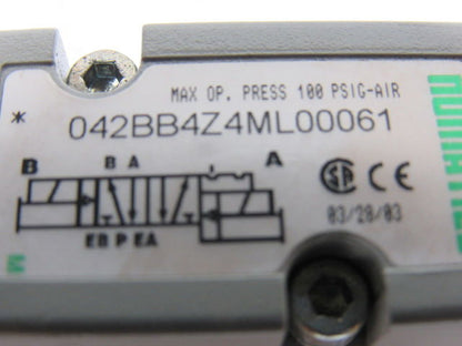 Numatics 042BB4Z4ML00061 2Pos 4Way DBL Solenoid Air Piloted 24V Coil Air Valve