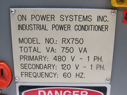 On Power Systems RX750 750Va Power Conditioner 1Ph 480V Primary-120V Sec. 60 Hz