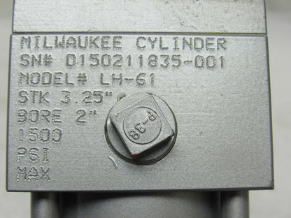 Milwaukee LH-61 3-1/4" Bore 2" Stroke 3/8" Rod Clevis 1500PSI Cylinder