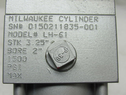 Milwaukee LH-61 3-1/4" Bore 2" Stroke 3/8" Rod Clevis 1500PSI Cylinder