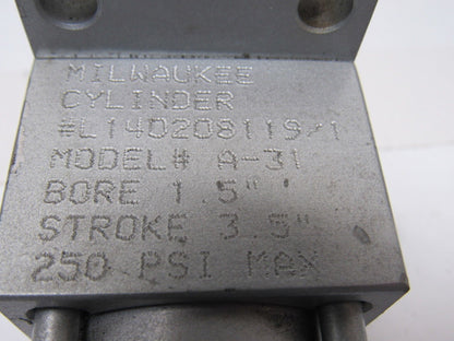 Milwaukee A-31 1-1/2" Bore 3-1/2" Stroke 250PSI Pneumatic Air Cylinder