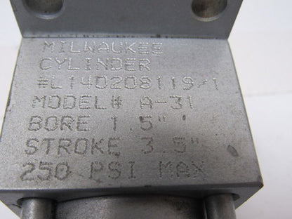 Milwaukee A-31 1-1/2" Bore 3-1/2" Stroke 250PSI Pneumatic Air Cylinder