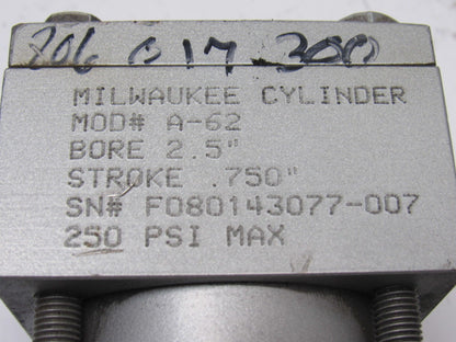 Milwaukee A62 Pneumatic Air Tie Rod Cylinder 2-1/2" Bore 3/4" Stroke Rod Clevis