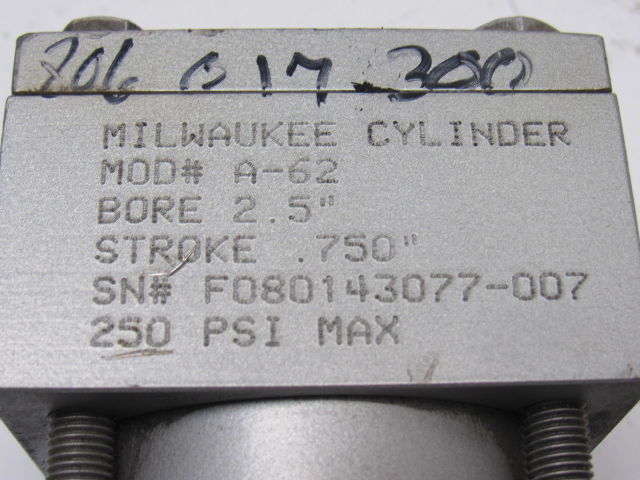Milwaukee A62 Pneumatic Air Tie Rod Cylinder 2-1/2" Bore 3/4" Stroke Rod Clevis
