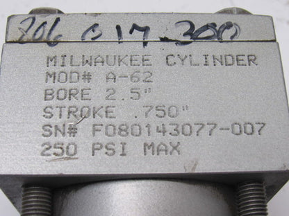 Milwaukee A62 Pneumatic Air Tie Rod Cylinder 2-1/2" Bore 3/4" Stroke Rod Clevis