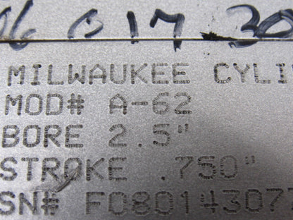 Milwaukee A62 Pneumatic Air Tie Rod Cylinder 2-1/2" Bore 3/4" Stroke Rod Clevis
