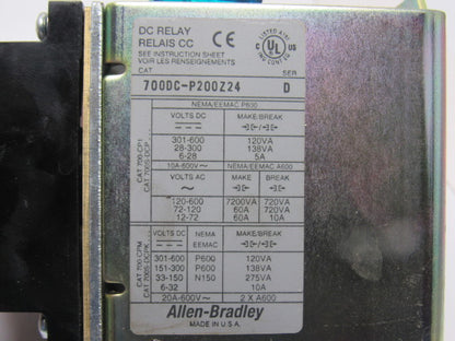A-B Allen Bradley 700DC-P200DZ24 Ser. D General Purpose Relay