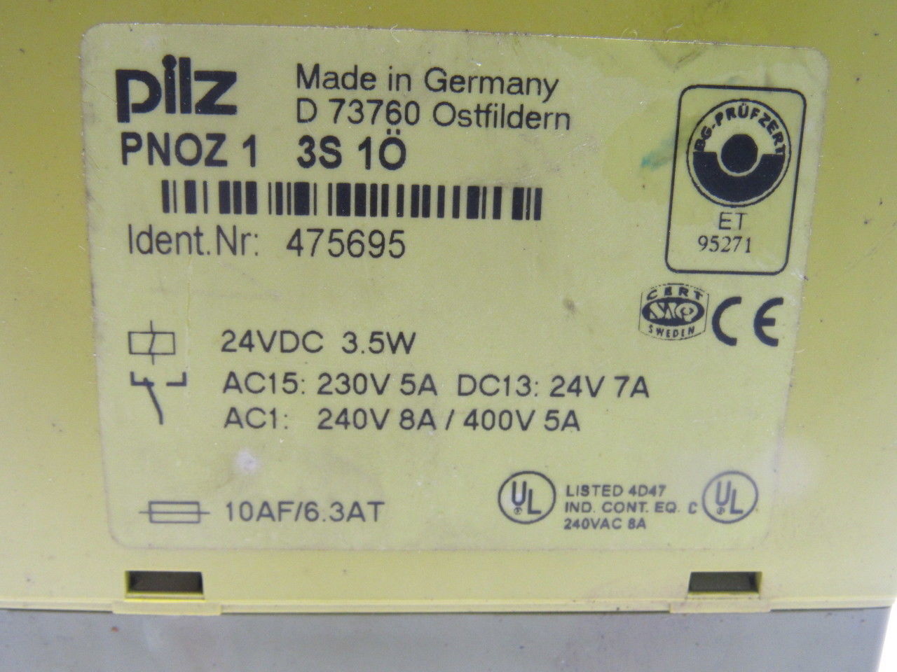 Pilz PNOZ 1 3S/1O ID Nr. 475695 E-Stop Safety Gate Relay 24VDC