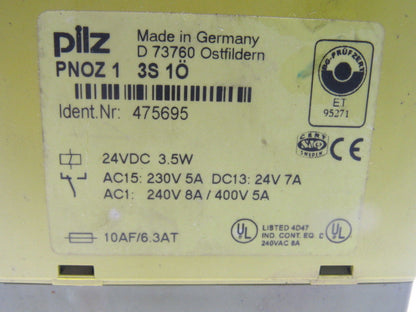 Pilz PNOZ 1 3S/1O ID Nr. 475695 E-Stop Safety Gate Relay 24VDC