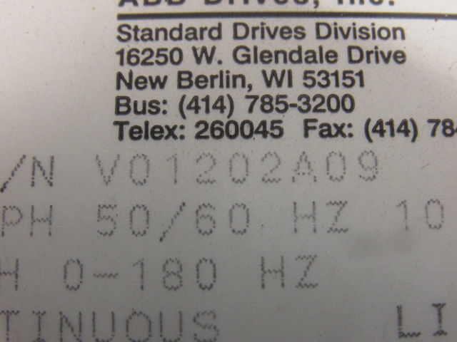 ABB V01202A09 208-460VAC Input 0-460V 0-180Hz Out Variable Frequency Drive VFD