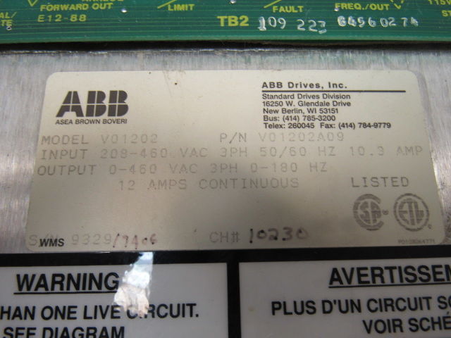 ABB V01202A09 208-460VAC Input 0-460V 0-180Hz Out Variable Frequency Drive VFD