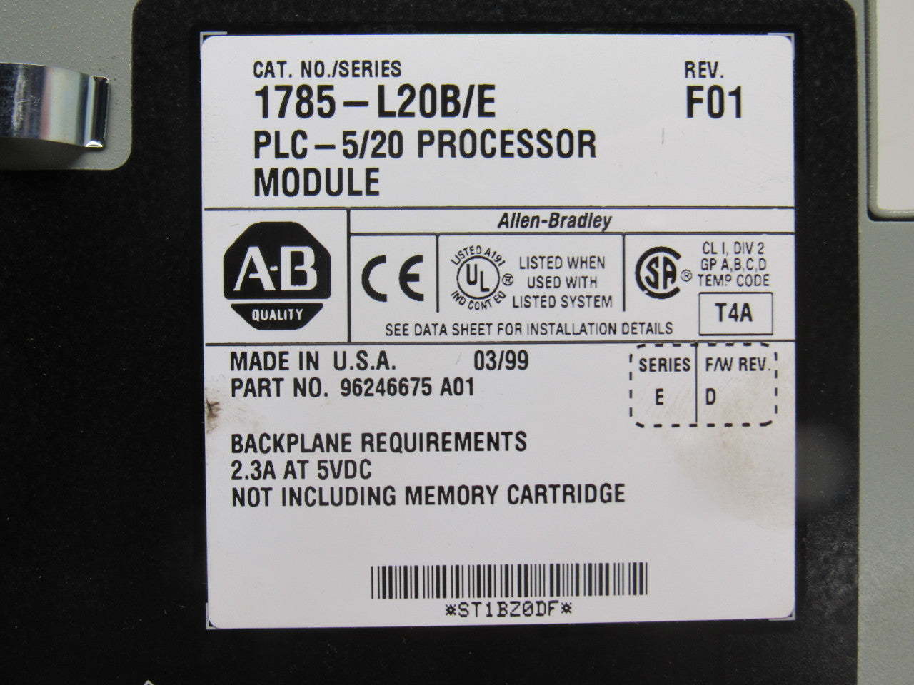 Allen Bradley 96246675 A01 1785-L20B/E Rev F01 Processer Module PLC 5/20