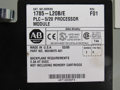 Allen Bradley 96246675 A01 1785-L20B/E Rev F01 Processer Module PLC 5/20