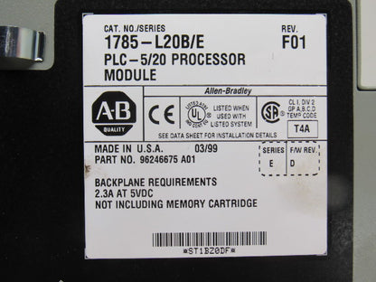 Allen Bradley 96246675 A01 1785-L20B/E Rev F01 Processer Module PLC 5/20