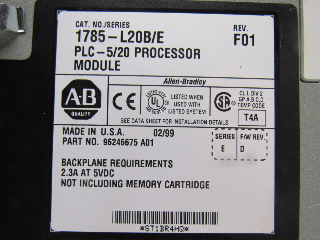 Allen Bradley 96246675 A01 1785-L20B/E Rev F01 Processer Module PLC-5/20 W/ Key