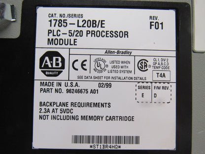 Allen Bradley 96246675 A01 1785-L20B/E Rev F01 Processer Module PLC-5/20 W/ Key
