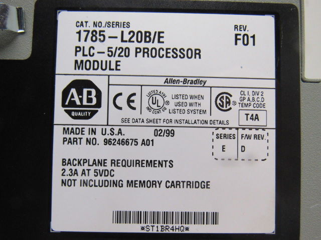 Allen Bradley 96246675 A01 1785-L20B/E Rev F01 Processer Module PLC-5/20 W/ Key