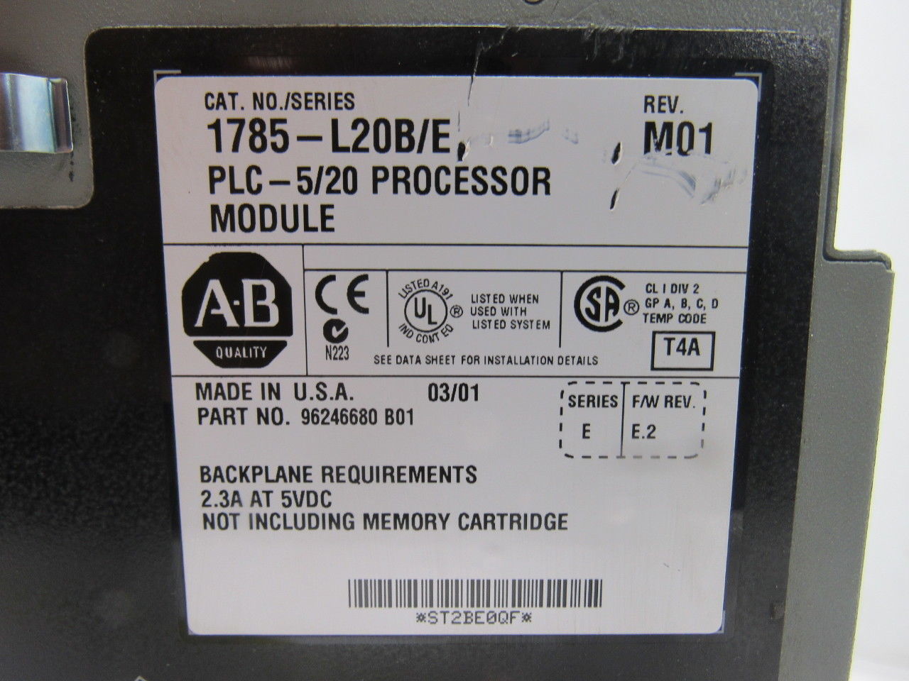 Allen Bradley 1785-L20B/E M01 Ser E F/W E.2 PLC 5/20 Processor Module
