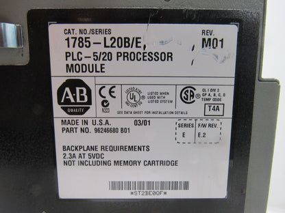 Allen Bradley 1785-L20B/E M01 Ser E F/W E.2 PLC 5/20 Processor Module