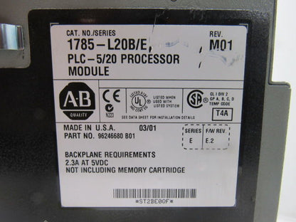Allen Bradley 1785-L20B/E M01 Ser E F/W E.2 PLC 5/20 Processor Module