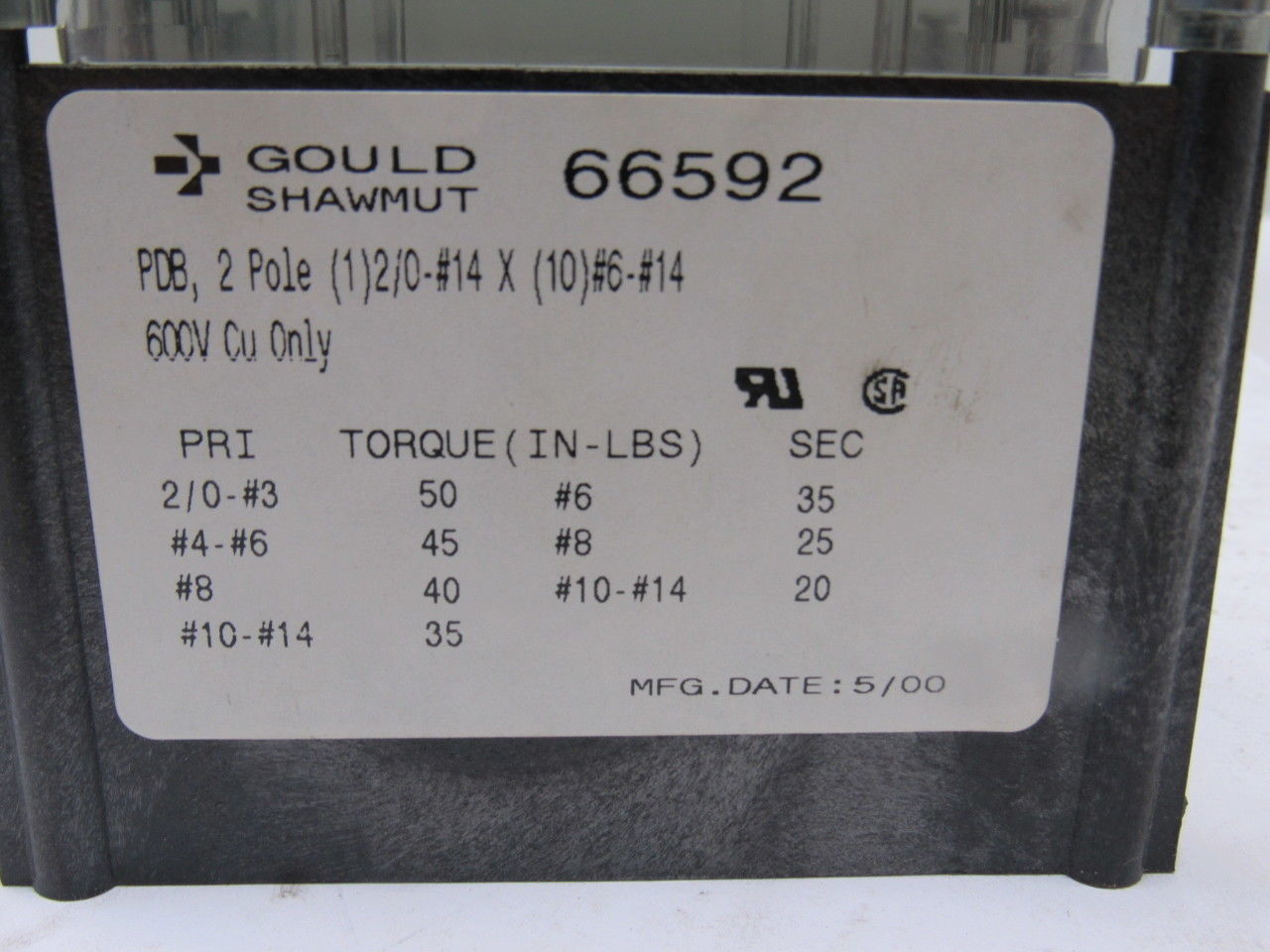 Gould Shawmut 66592 600V 2 Pole 2/0-#14 Line To 10 #6-#14 Wire Terminal Block