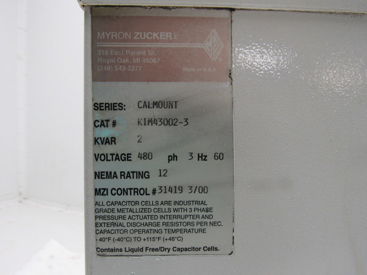 Myron Zucker KIM43002-3 Calmount 2-KVAR Capacitor 480V