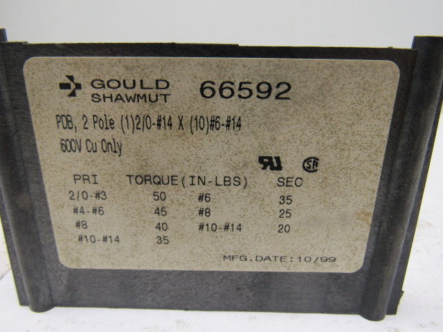 Gould Shawmut 66592  600V 2 Pole 2/0-#14 Line To 10 #6-#14 Wire Terminal Block