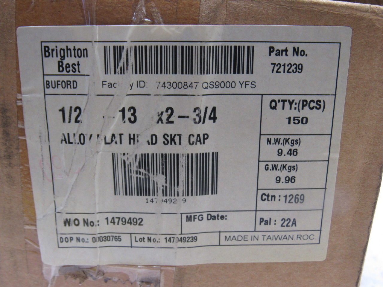 Brighton 721239 1/2-13 x 2-3/4" Non-STD Alloy Flat Head Socket Cap Screw Lot/150