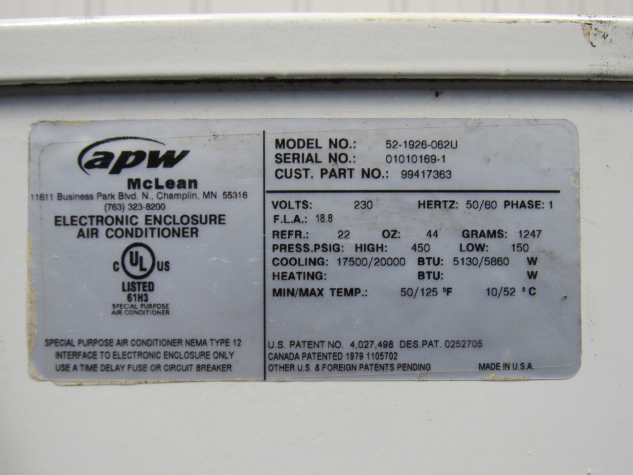 McLean 52-1962-062U Electrical Enclosure Air Conditioner 20000 BTU 230V
