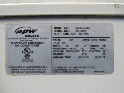 McLean 52-1962-062U Electrical Enclosure Air Conditioner 20000 BTU 230V